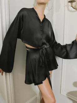 Satin Raw Hem Tied Two Piece Skirt Set
