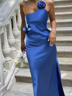 Satin Rose Decor Asymmetrical Open Back Maxi Dress