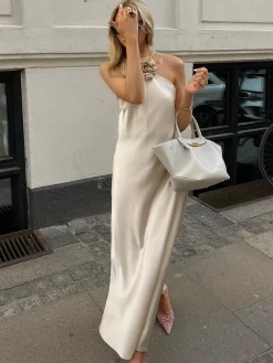 Satin Rosette Decor Halter Midi Dress