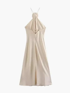Satin Rosette Decor Halter Midi Dress