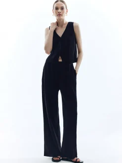 Satin Solid V-Neck Pants Set