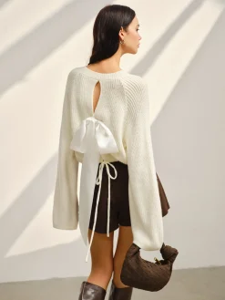 Satin-Bow Bell Sleeve Short Sweater