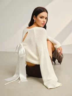 Satin-Bow Bell Sleeve Short Sweater