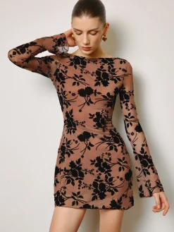 Semi-Sheer Flocking Floral Short Dress