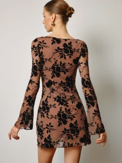 Semi-Sheer Flocking Floral Short Dress