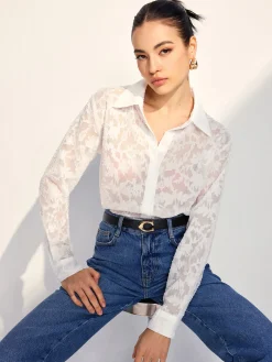 Semi-Sheer Jacquard Button Shirt