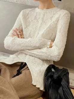 Semi-sheer Jacquard Lace Long Sleeve Split Top