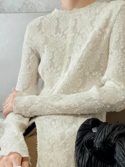 Semi-sheer Jacquard Lace Long Sleeve Split Top