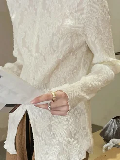 Semi-sheer Jacquard Lace Long Sleeve Split Top