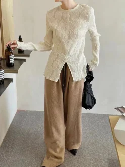 Semi-sheer Jacquard Lace Long Sleeve Split Top
