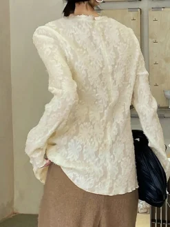 Semi-sheer Jacquard Lace Long Sleeve Split Top