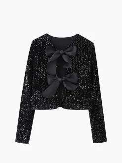Sequined Velvet Bowknot Decor Blouse