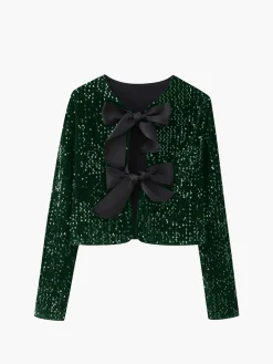 Sequined Velvet Bowknot Decor Blouse