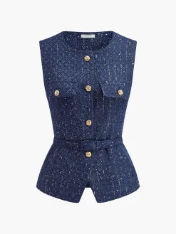 Sequins Button Belted Tweed Vest