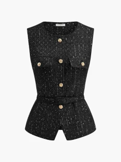 Sequins Button Belted Tweed Vest
