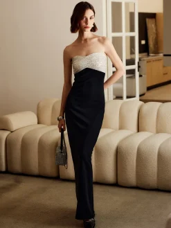 Sequins Color Block Tube Long Dress