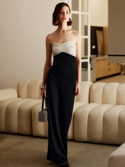 Sequins Color Block Tube Long Dress