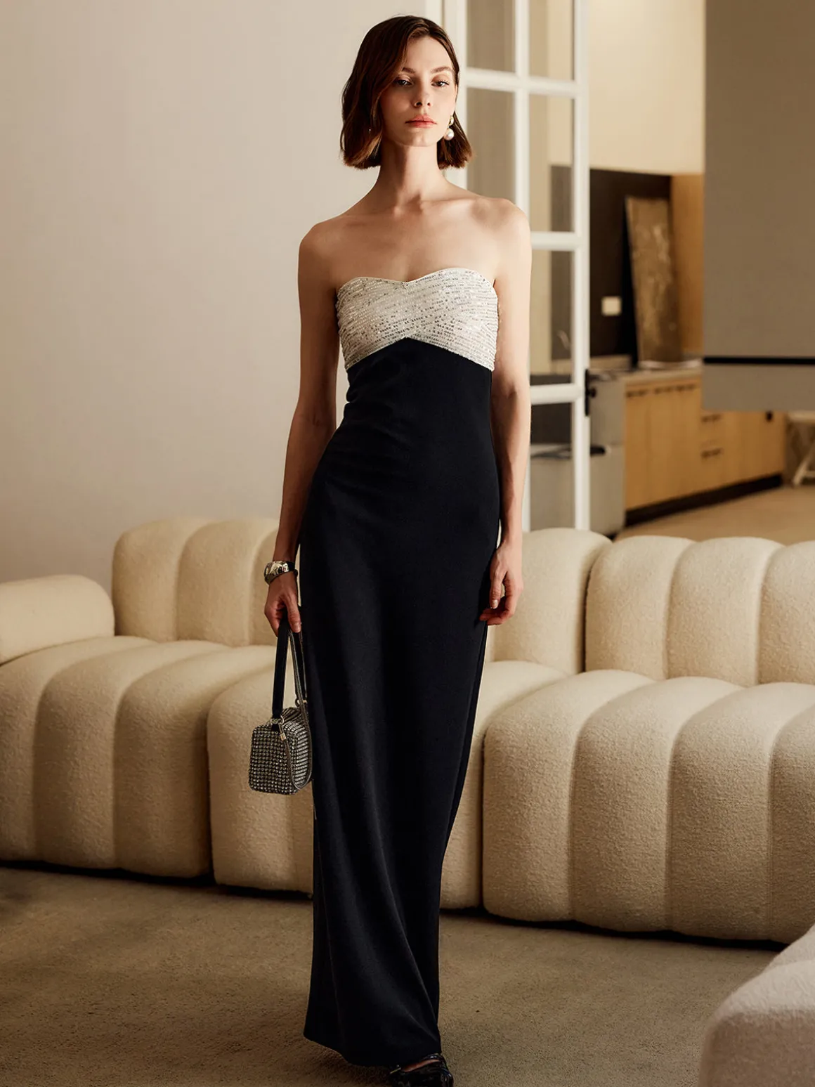 Sequins Color Block Tube Long Dress