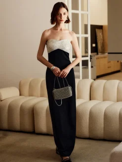 Sequins Color Block Tube Long Dress