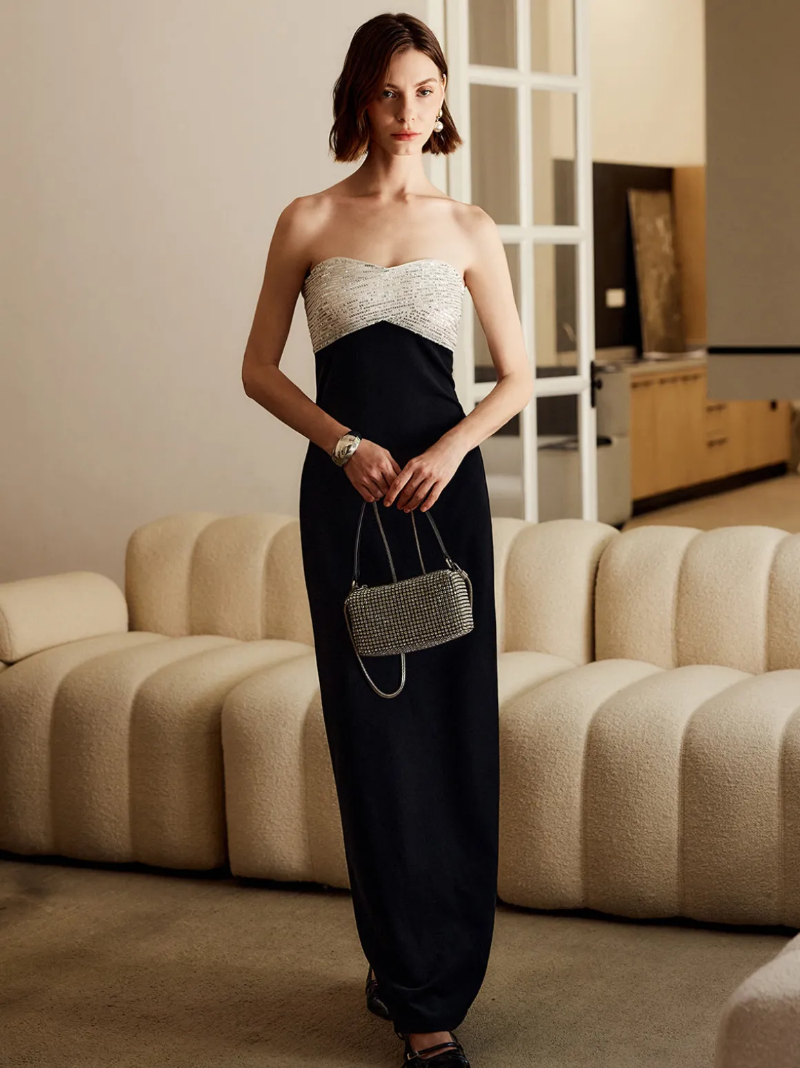 Sequins Color Block Tube Long Dress