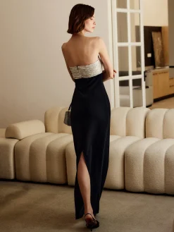 Sequins Color Block Tube Long Dress