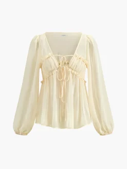 Sheer Long Sleeve Drawstring Blouse