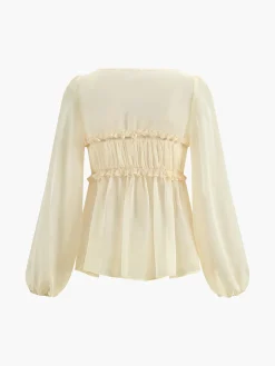 Sheer Long Sleeve Drawstring Blouse