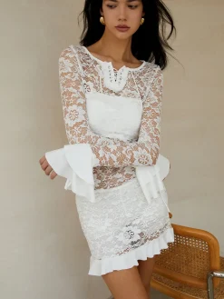 Sheer Long Sleeve Lace Short Dress