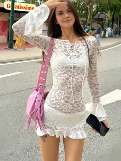 Sheer Long Sleeve Lace Short Dress