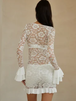 Sheer Long Sleeve Lace Short Dress