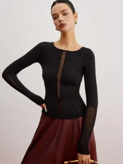 Sheer Panel Ribbed Slim Sweater