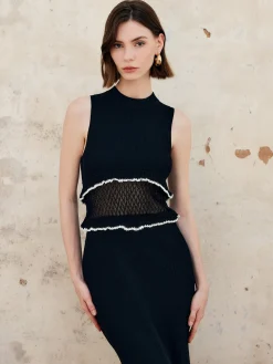 Sheer Raw Hem Sleeveless Sweater Dress