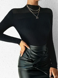 Sheer-Shoulder Slim Panel Knit Top