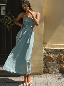Shirred Cut Out Midi Dress