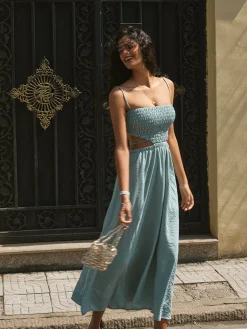 Shirred Cut Out Midi Dress