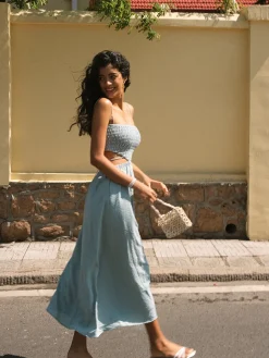 Shirred Cut Out Midi Dress