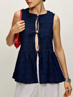 Shirred Lace Up Ruffle Tank Blouse
