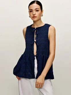 Shirred Lace Up Ruffle Tank Blouse