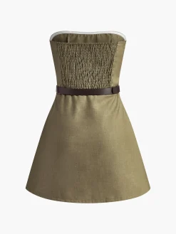 Shirred Pleated Tube Dress With Belt