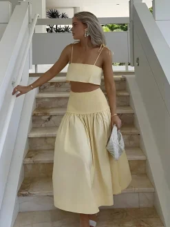 Shirred Waist Split Thigh Skirt Set