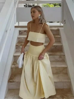 Shirred Waist Split Thigh Skirt Set
