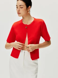 Short Sleeve Button Knit Top