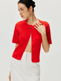 Short Sleeve Button Knit Top