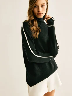 Side Contrast-Striped Turtleneck Sweater