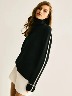 Side Contrast-Striped Turtleneck Sweater