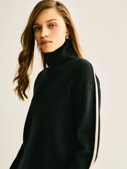 Side Contrast-Striped Turtleneck Sweater