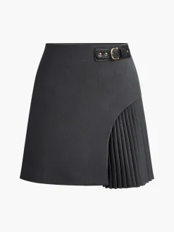 Side Pleated Buckle Belted Skirt