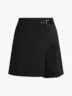 Side Pleated Buckle Belted Skirt