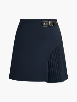Side Pleated Buckle Belted Skirt