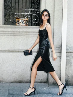Side Split PU Leather Cami Dress